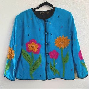 Julia Ku Blue Jacket Blazer w/ Floral Applique